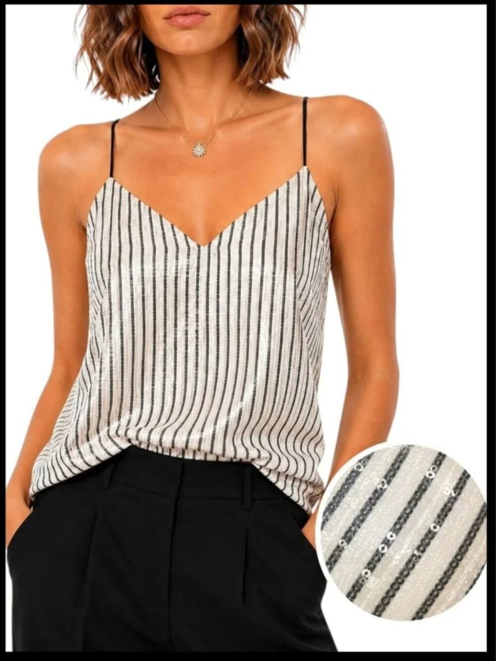 Banana Republic Ivory Black Striped Sequin V-Neck Cami XS